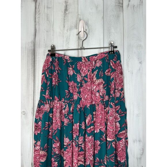 ABEL THE LABEL TEAL PINK FLORAL SLIT SIDES ELASTIC WAIST FLOWY BOHO MAXI SKIRT S - Picture 9 of 15